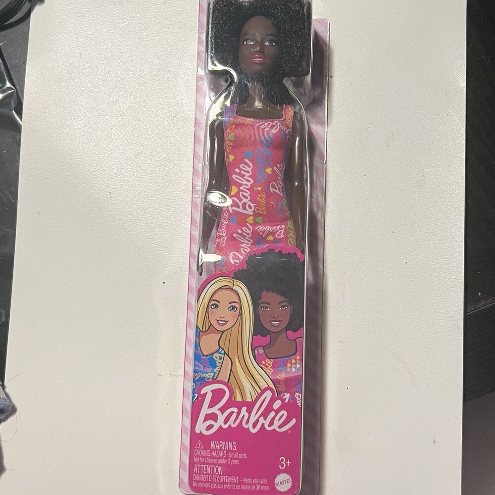 Barbie African American Doll Afro Hair - Pink Logo Print Dress - New